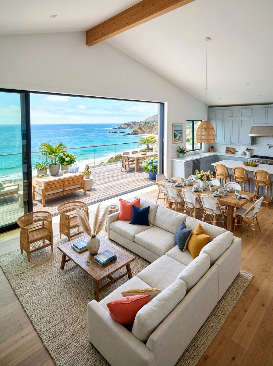 Open plan coastal living room - 30 coastal summer living room ideas