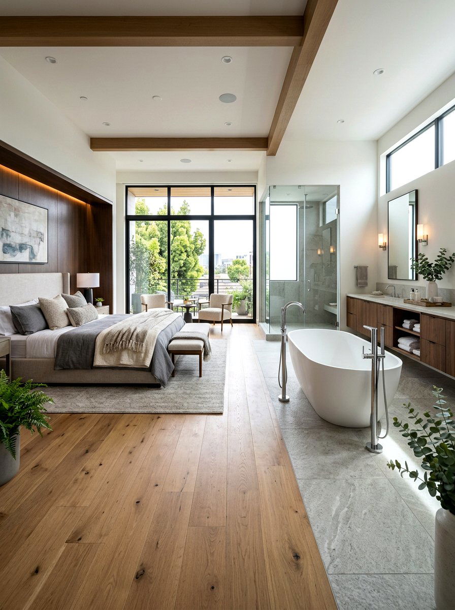 Open plan master suite bathroom - 30 luxury hotel bath ideas