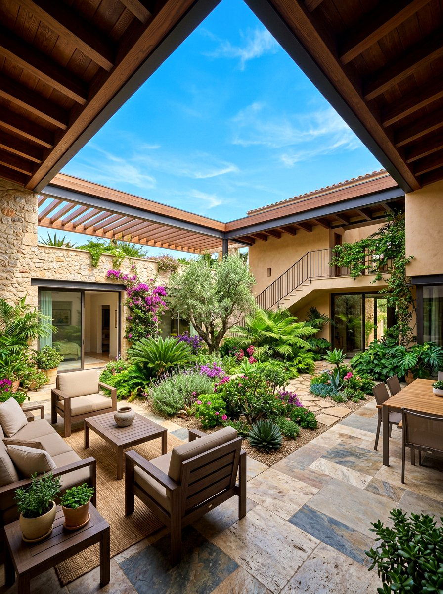 Open roof courtyard - 30 indoor courtyard home ideas