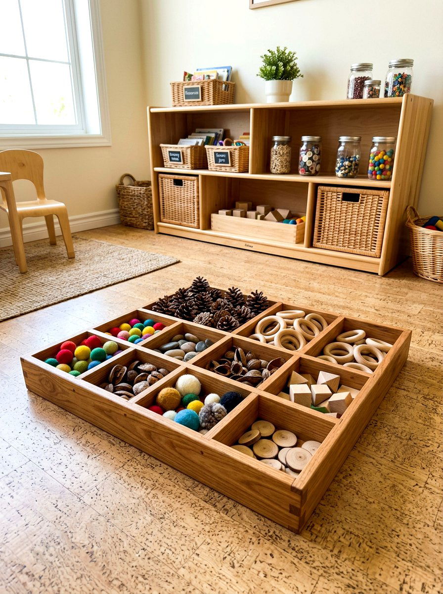 Open shelf loose parts - 30 Montessori playroom aesthetic ideas