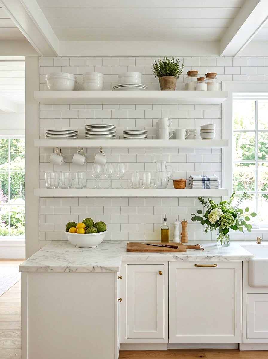 Open shelf white kitchen - 30 coastal grandmother decor ideas