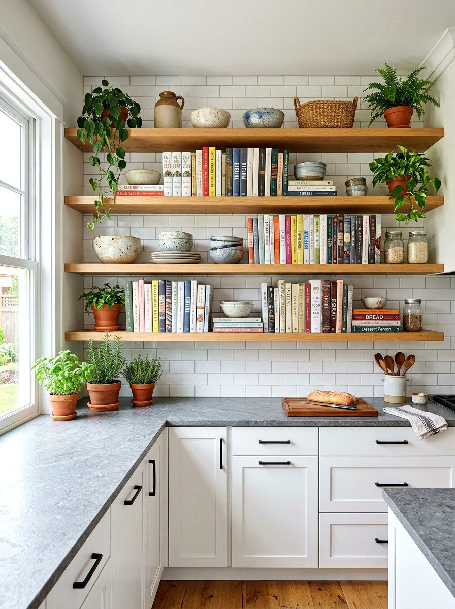 Open shelving above counter - 30 book shelf kitchen ideas