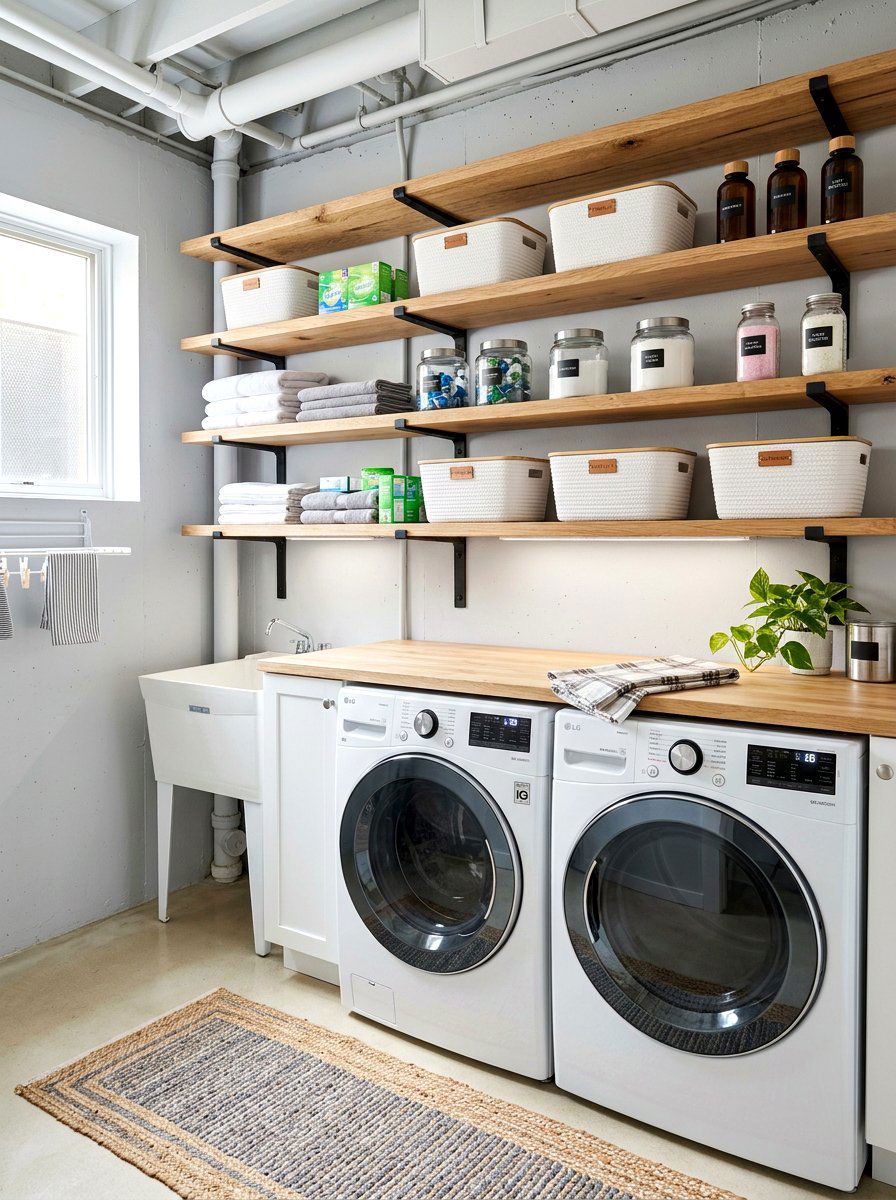 Open shelving basement laundry - 30 basement laundry area ideas