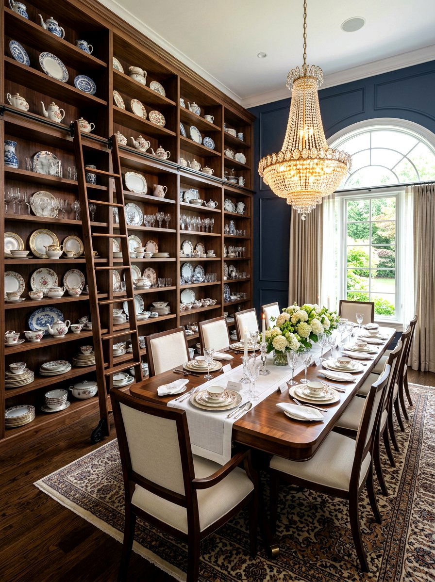 Open shelving dining room wall - 30 library ladder ideas