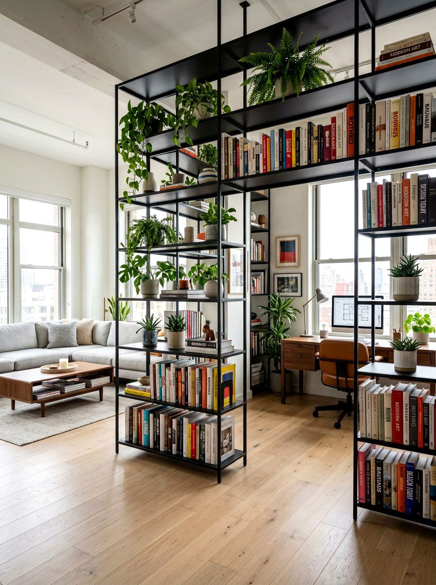 Open shelving dividers - 30 broken floor plan apartment ideas