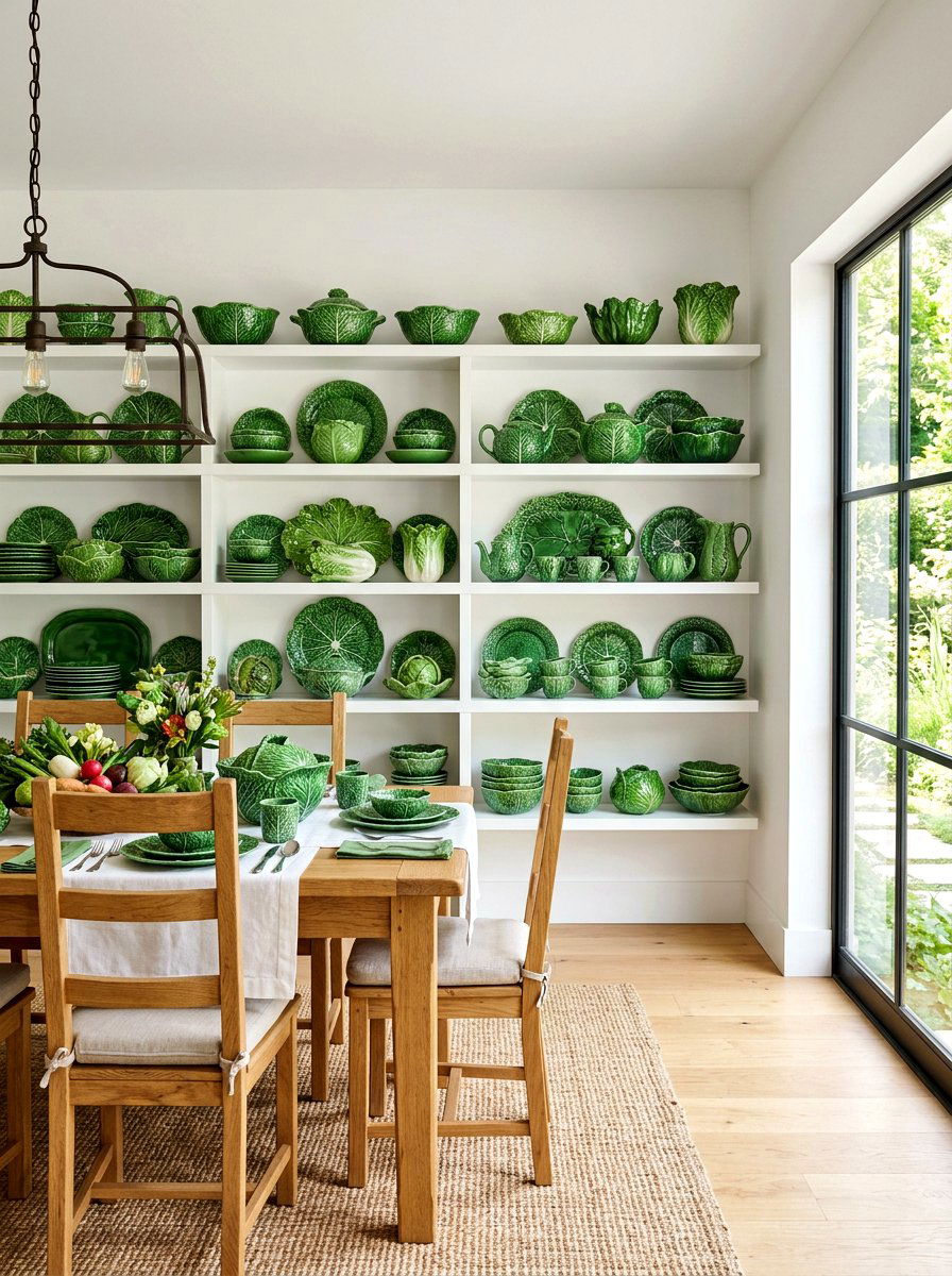 Open shelving for green ceramic collection - 30 cabbagecore dining room ideas