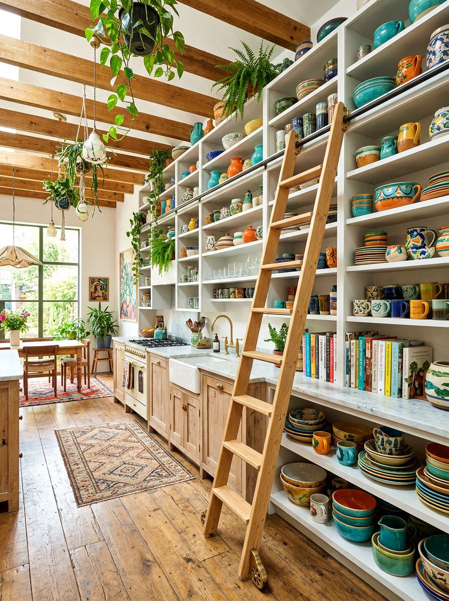 Open shelving kitchen ladder - 30 library ladder kitchen ideas