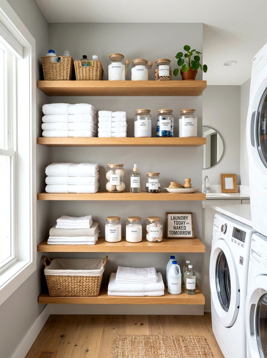 Open shelving laundry organization - 30 eco laundry room ideas