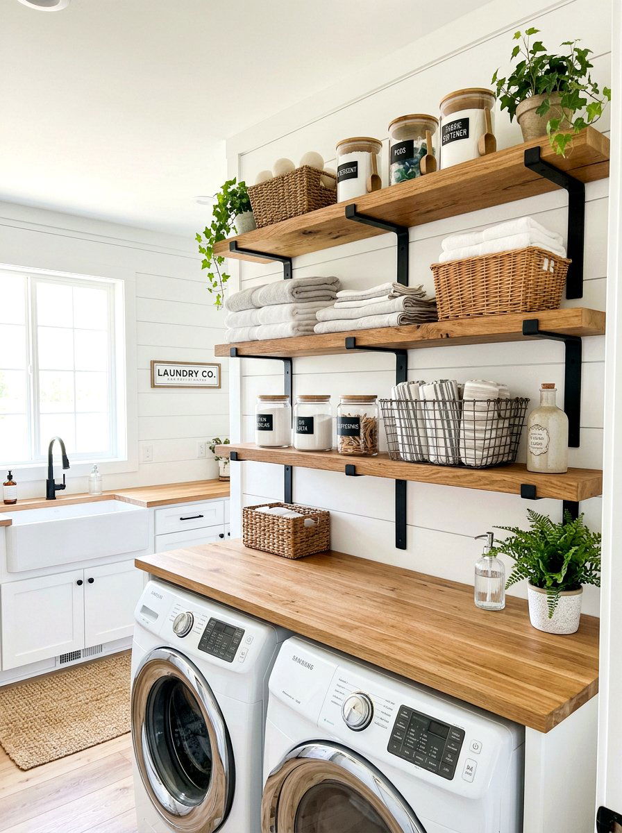 Open shelving laundry room - 30 farmhouse laundry room ideas