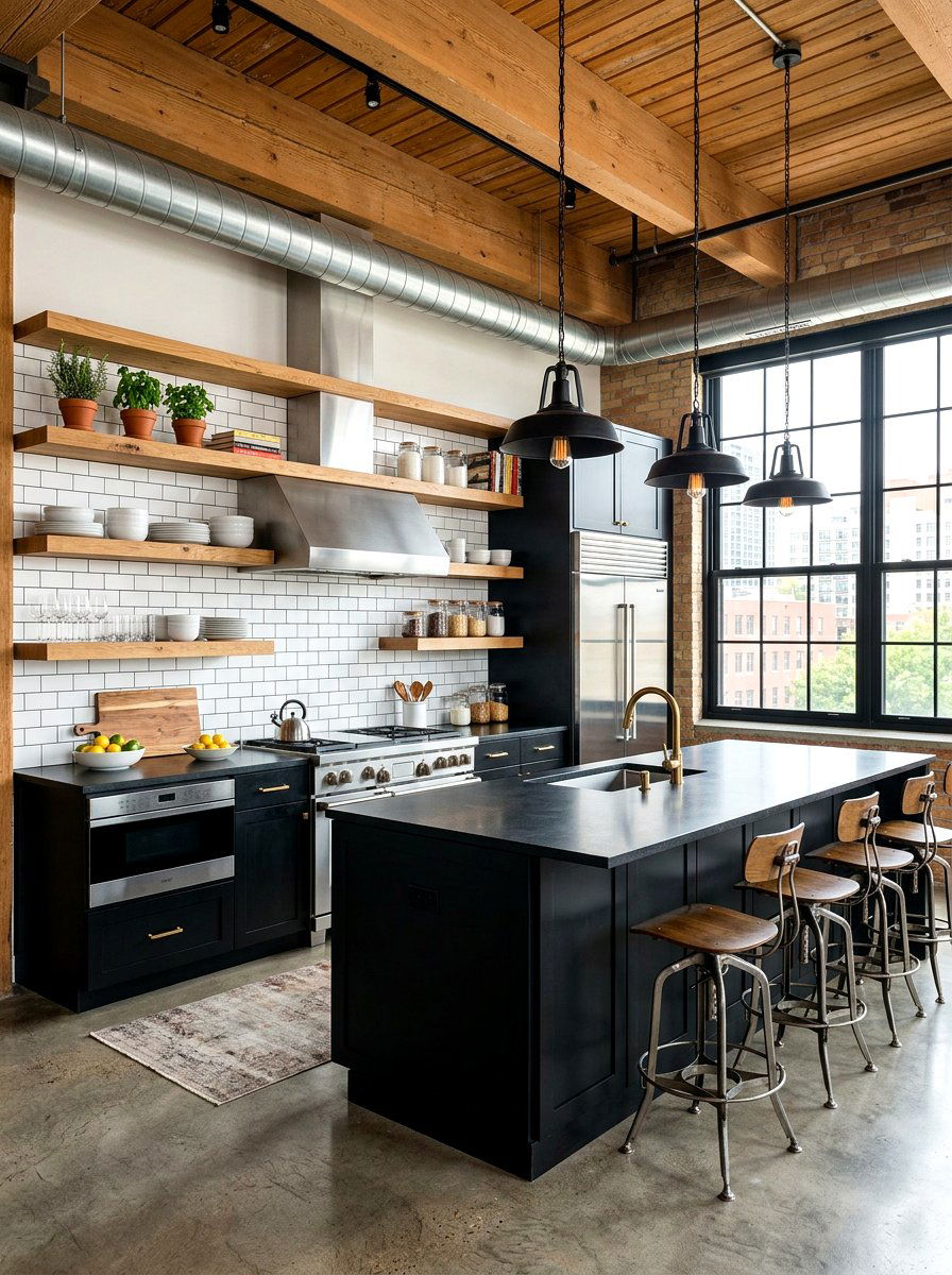 Open shelving loft kitchen - 30 loft apartment ideas
