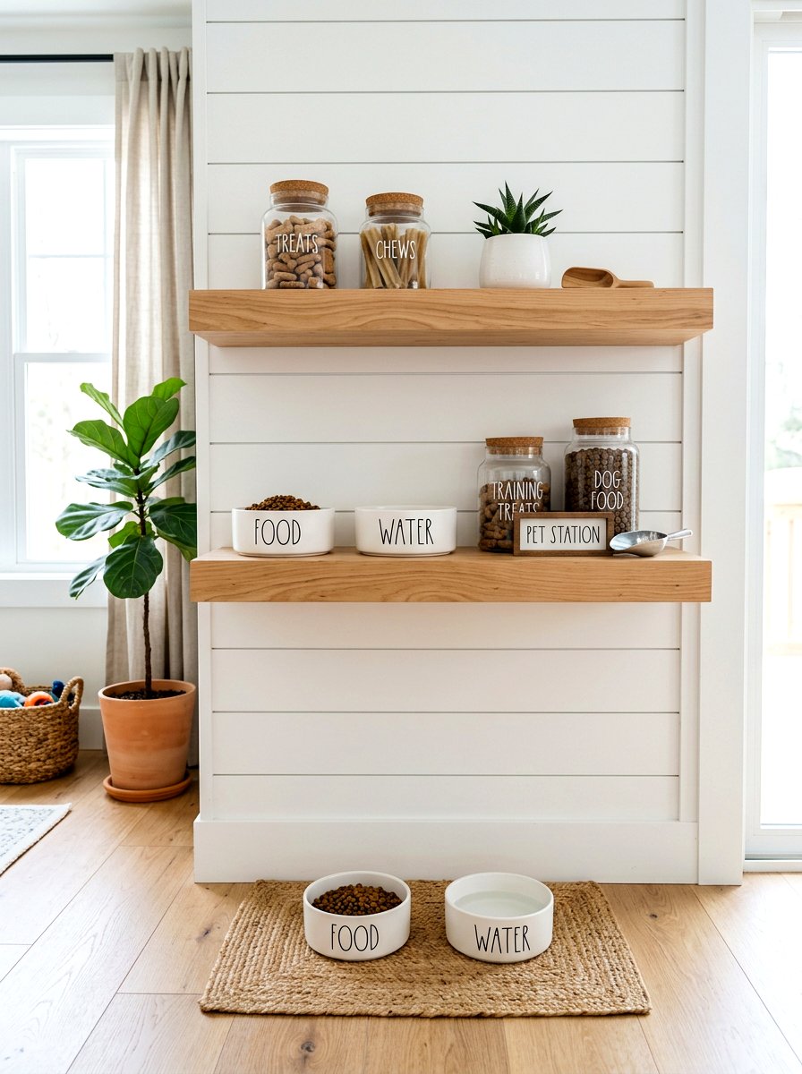 Open shelving pet feeding area - 30 pet station kitchen ideas