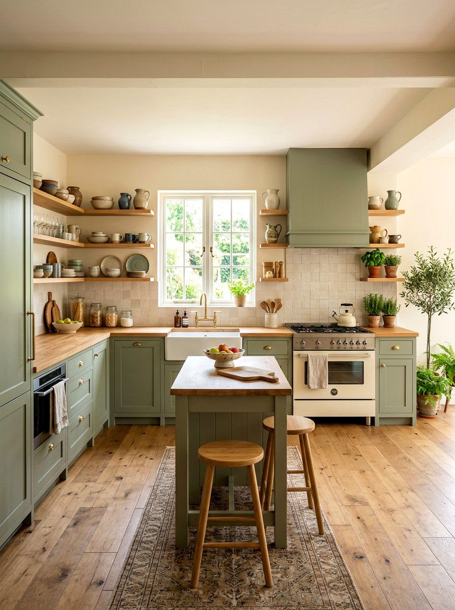 Open shelving sage and cream kitchen - 30 cream and sage kitchen ideas