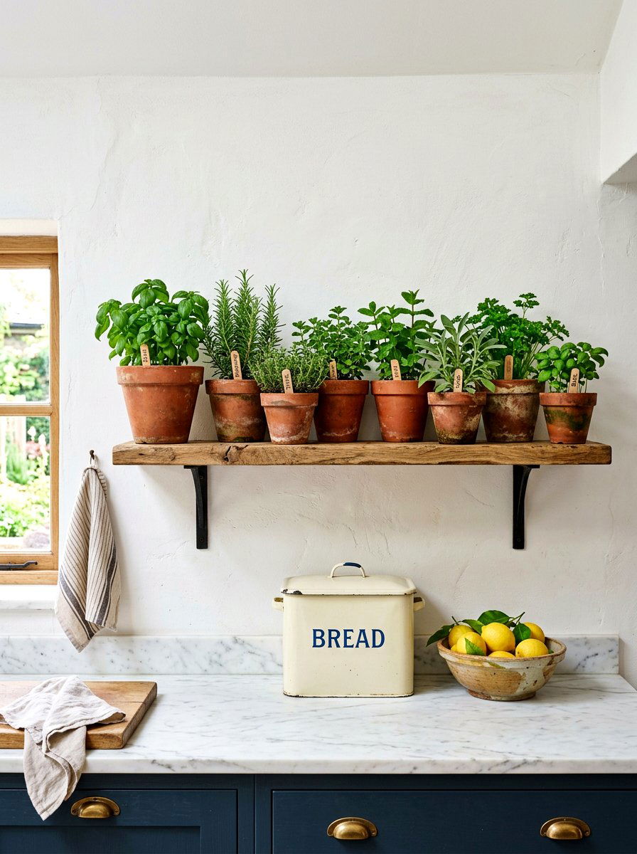 Open wood shelf with herbs - 30 tomato girl kitchen ideas