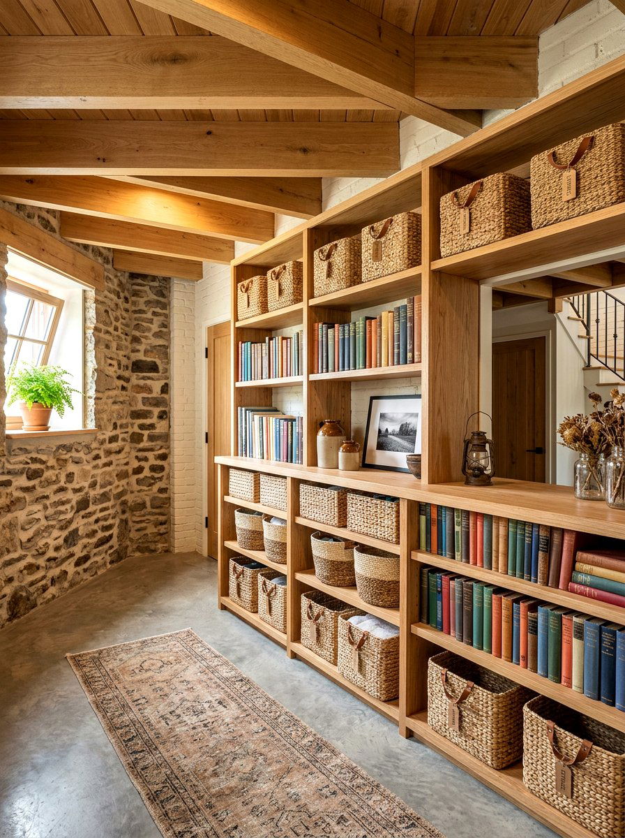 Open wood shelving - 30 basement storage wall ideas