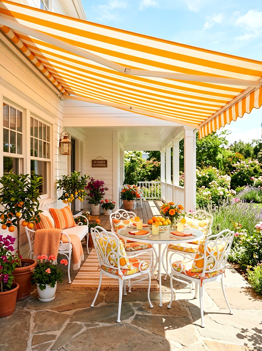 Orange And White Striped Patio Awning - 30 striped awning front porch ideas