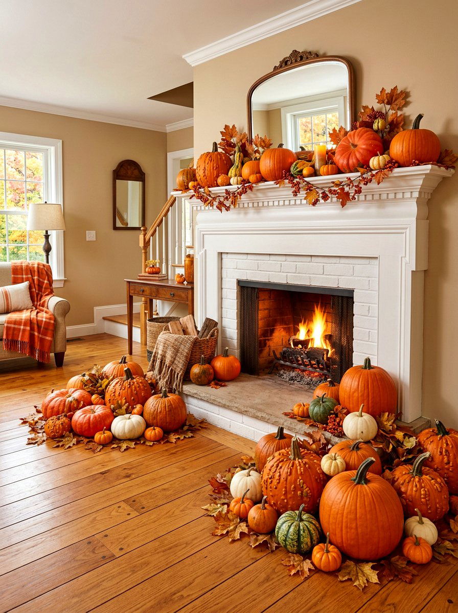 Orange Pumpkin Display - 30 Halloween mantel decor ideas