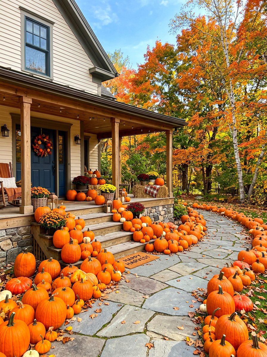 Orange Pumpkin Porch Display - 30 fall front porch ideas