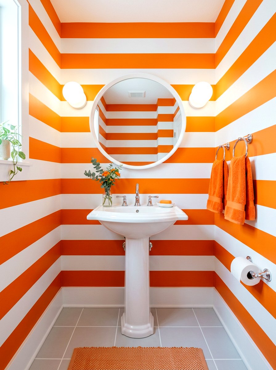 Orange White Vibrant Stripe Bath - 30 stripe powder bath ideas