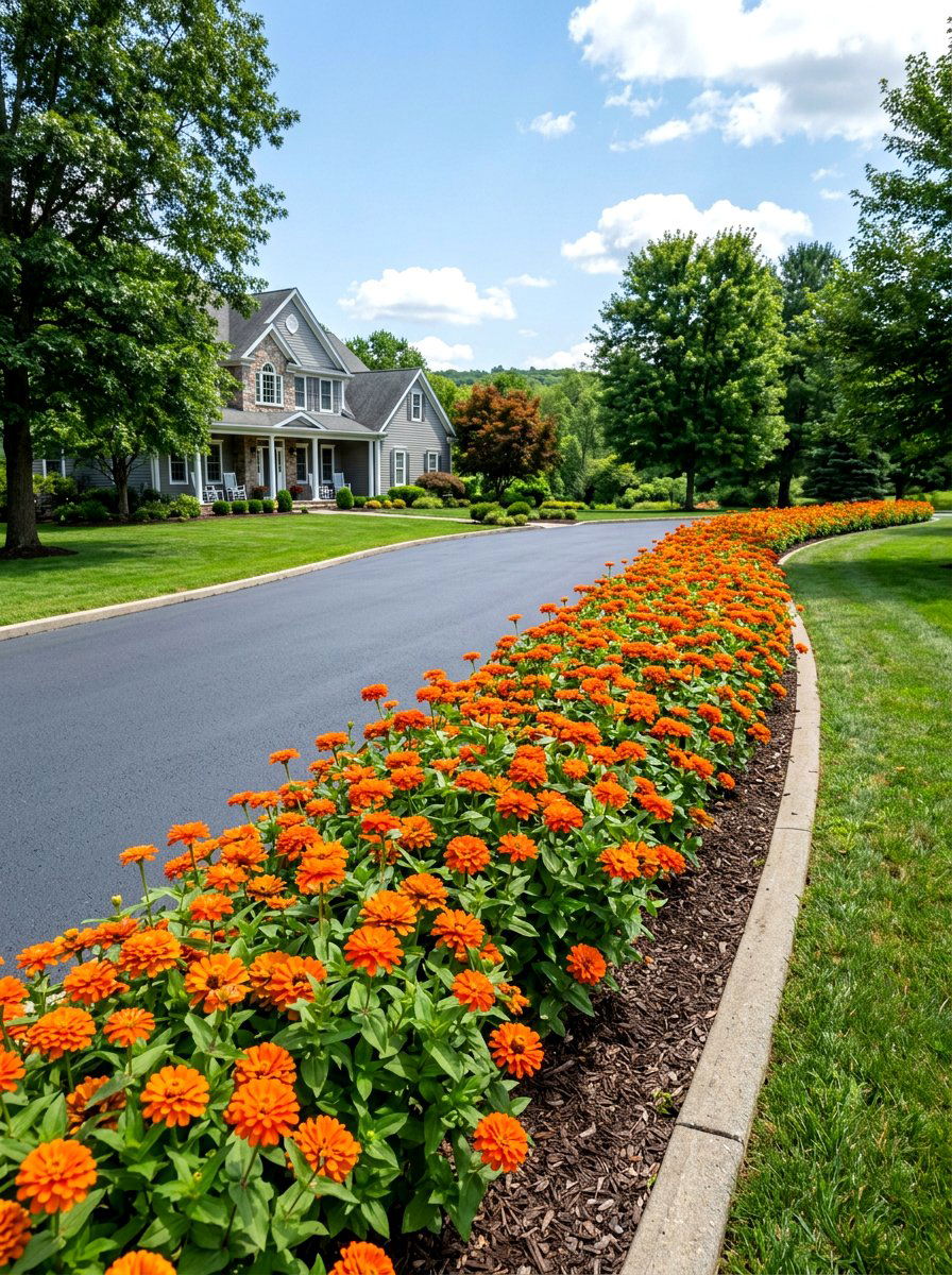 Orange Zinnia Driveway Edge - 30 zinnia border ideas