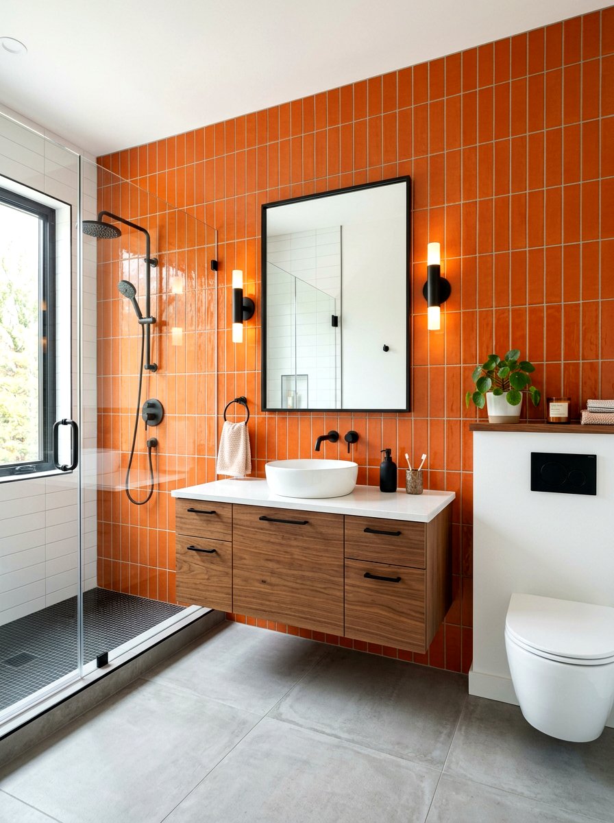 Orange accent tile - 30 mid century bathroom ideas