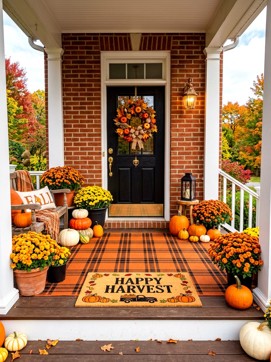 Orange and black plaid rug - 30 porch doormat layering ideas