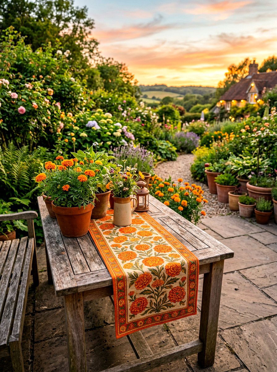Orange and marigold runner - 30 fruit and floral tablescape ideas