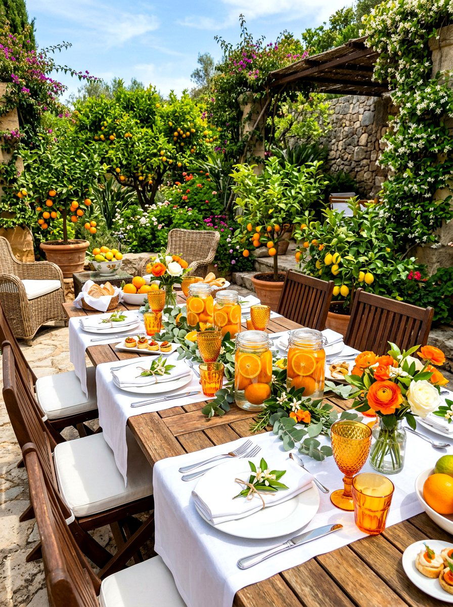 Orange citrus patio dinner - 30 summer patio tablescape ideas