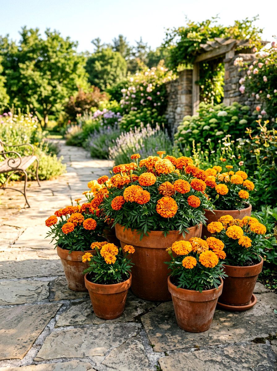 Orange marigold planter - 30 summer bloom garden ideas