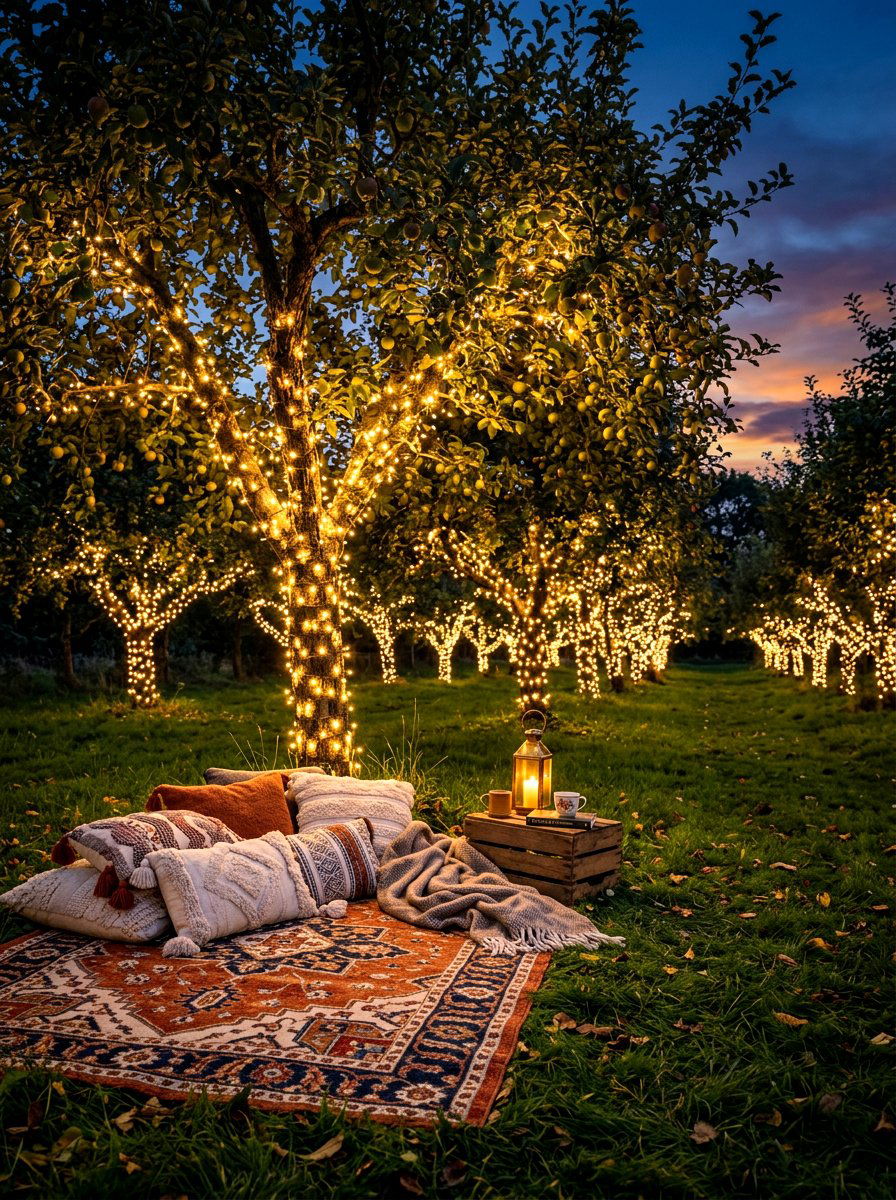 Orchard fairy lights arrangement - 30 orchard backyard aesthetic ideas