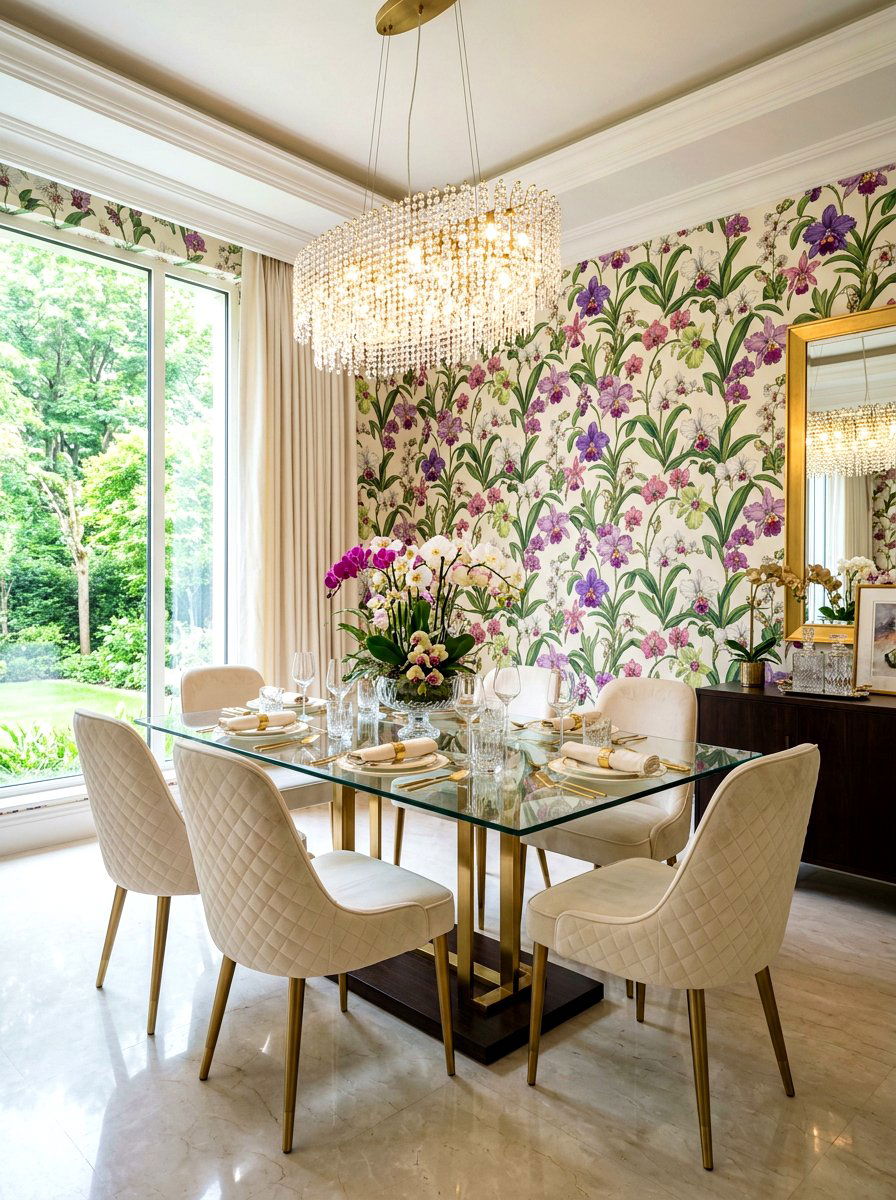 Orchid print dining area - 30 garden print wallpaper ideas