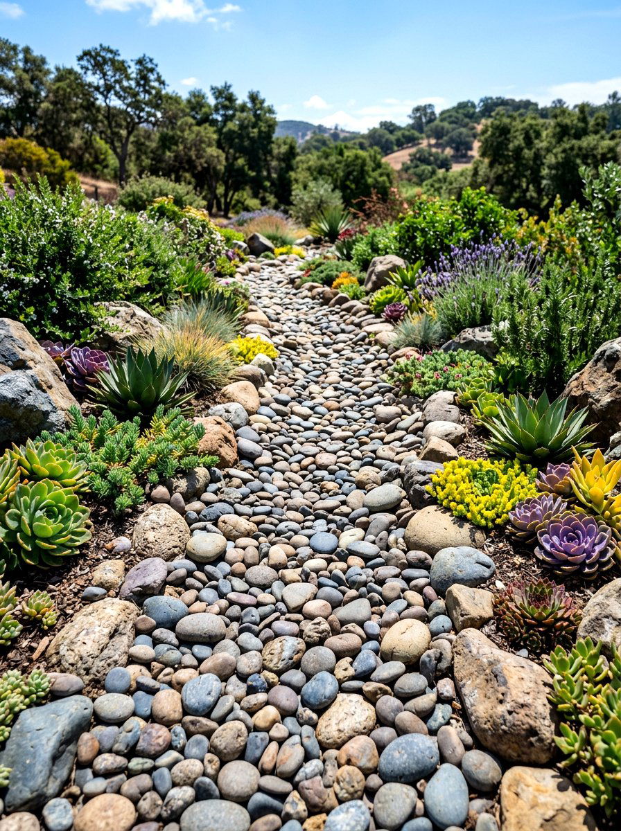 Organic River Rock Trail - 30 front garden path ideas