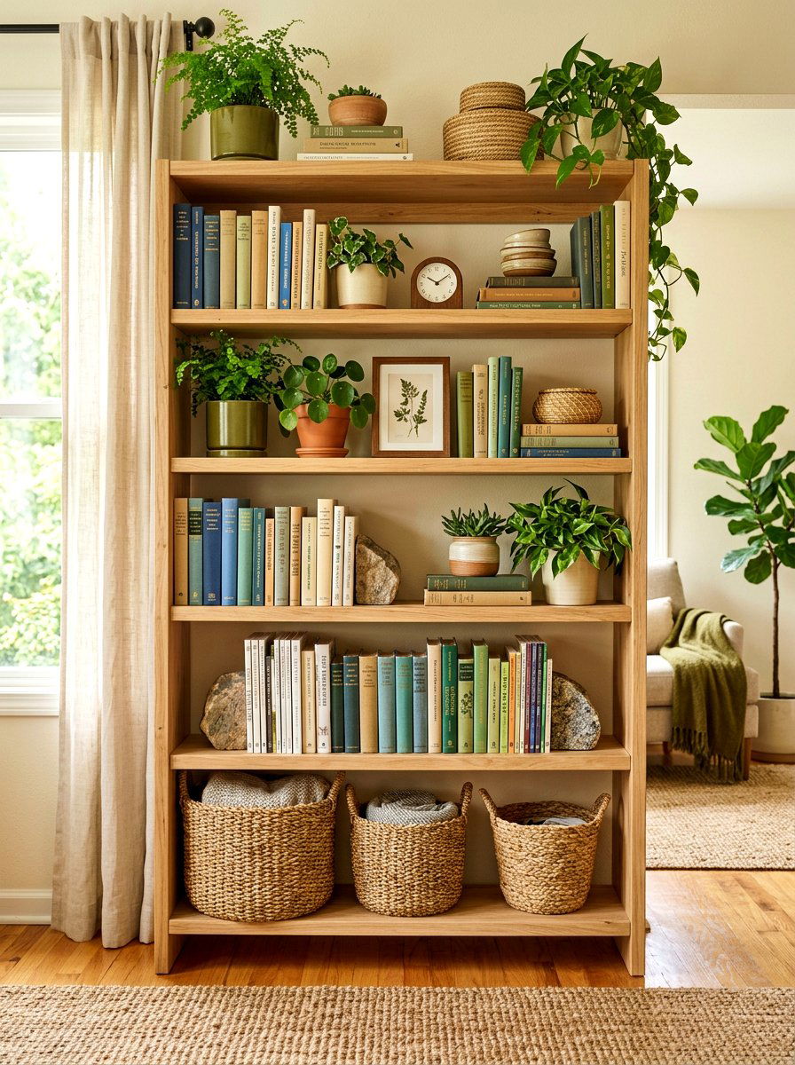 Organic bookshelf styling - 30 bookshelf spring styling ideas