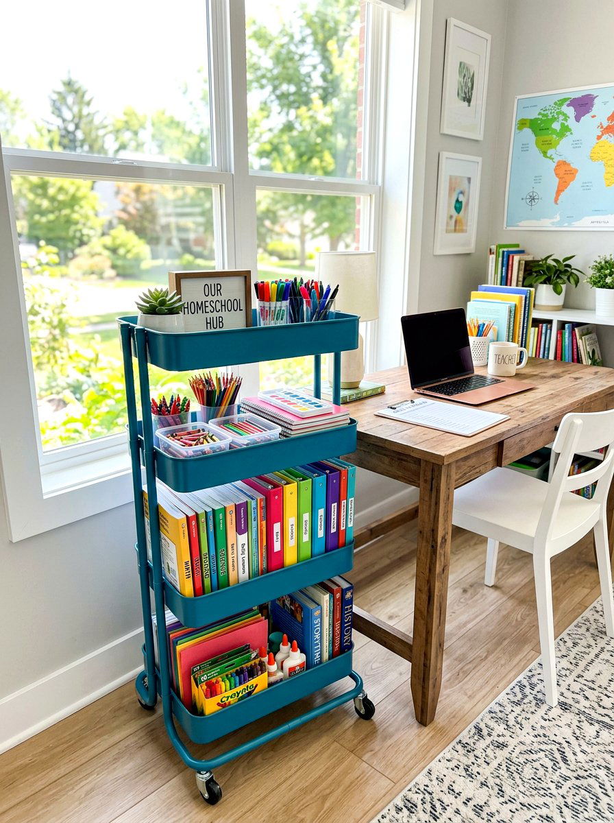Organized Homeschool Rolling Cart - 30 homeschool room ideas