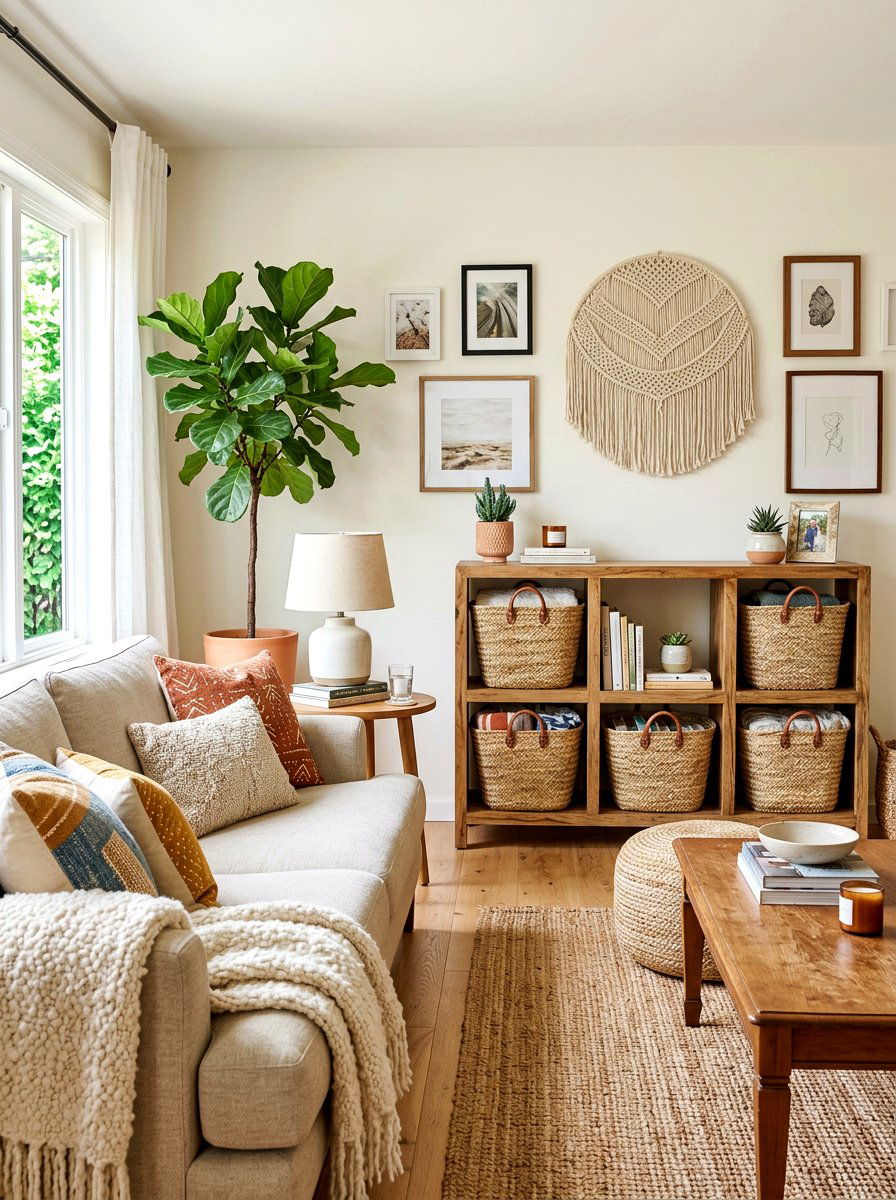 Organized basket storage living room - 30 family friendly living room ideas
