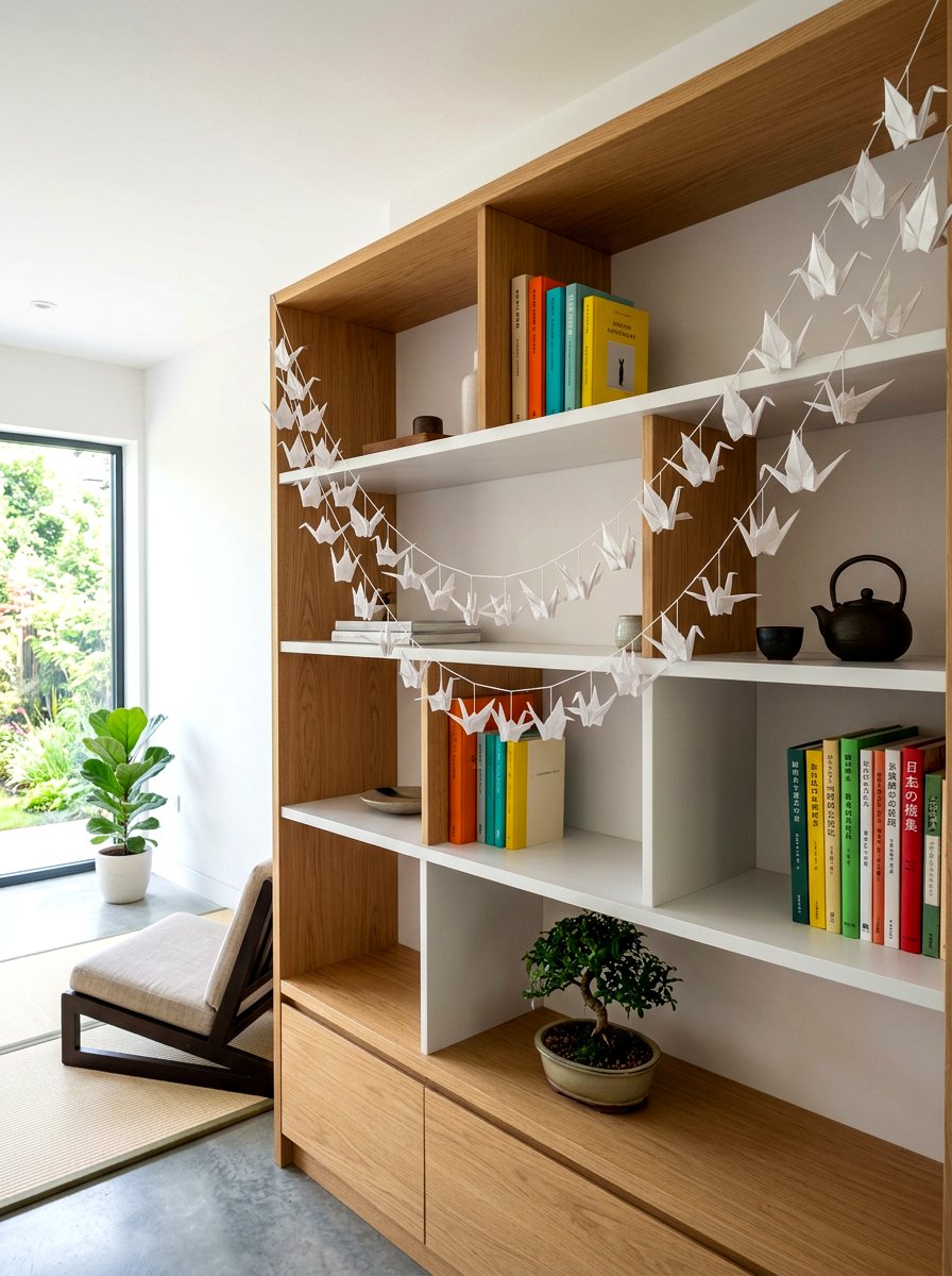 Origami Crane Bookshelf Garland - 30 bookshelf garland ideas
