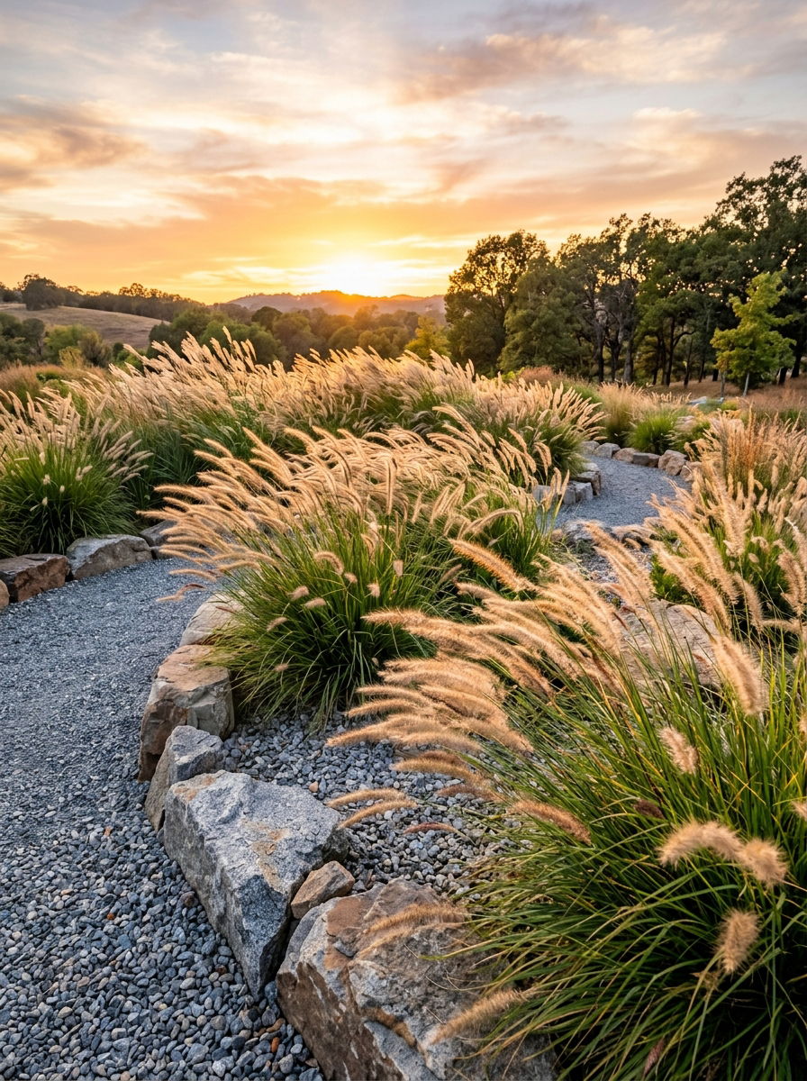 Ornamental Grass Bed - 30 rock flower bed ideas