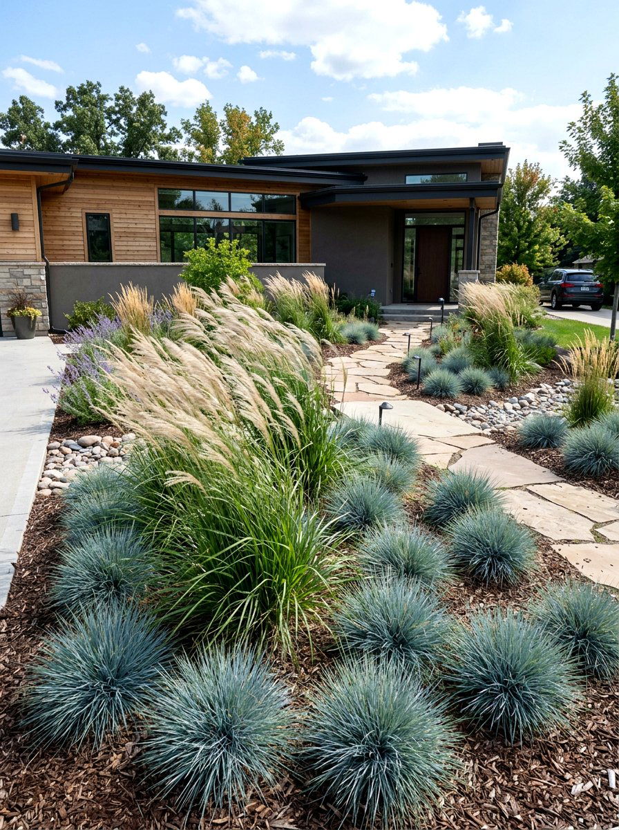 Ornamental Grass Bed - 30 asymmetrical front yard landscaping ideas