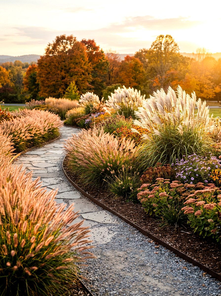 Ornamental Grass Curved Landscape - 30 curved flower bed ideas