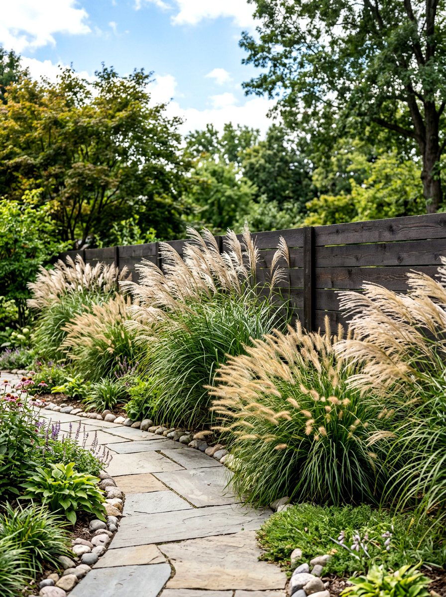 Ornamental Grass Fence Border - 30 fence landscaping ideas