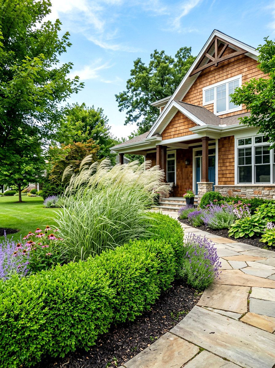 Ornamental Grass Foundation Planting - 30 layered hedge front yard ideas