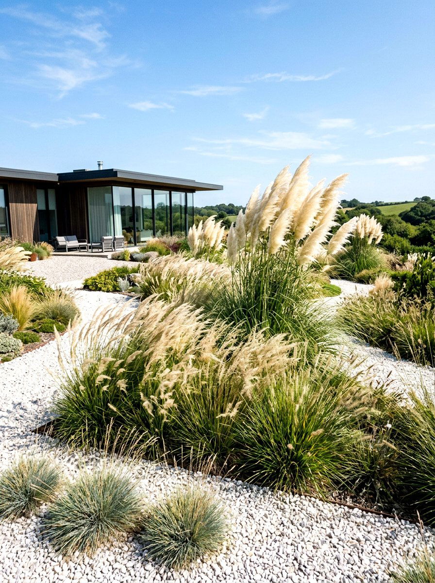 Ornamental Grass Garden - 30 white gravel front yard ideas