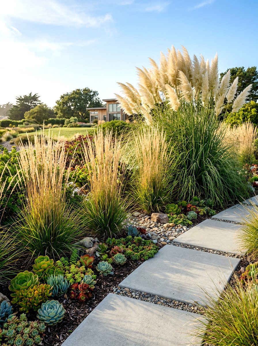 Ornamental Grass Garden Bed - 30 corner lot landscaping ideas