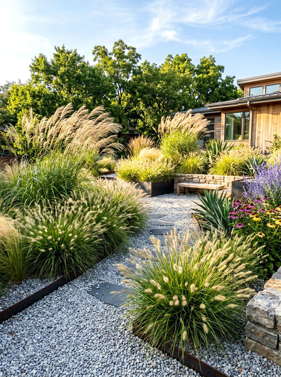 Ornamental Grass Gravel Garden - 30 gravel front yard landscaping ideas