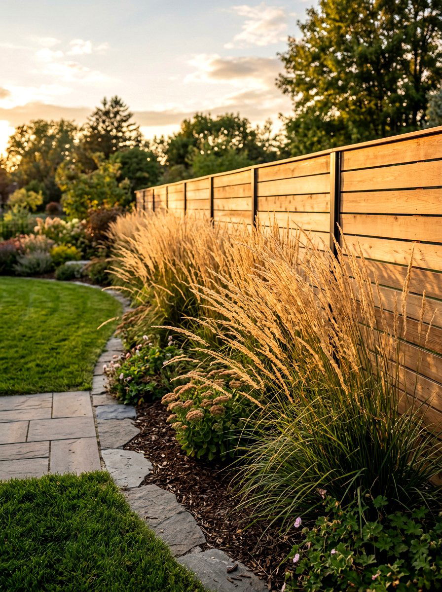 Ornamental Grass Perimeter Bed - 30 fence line flower bed ideas