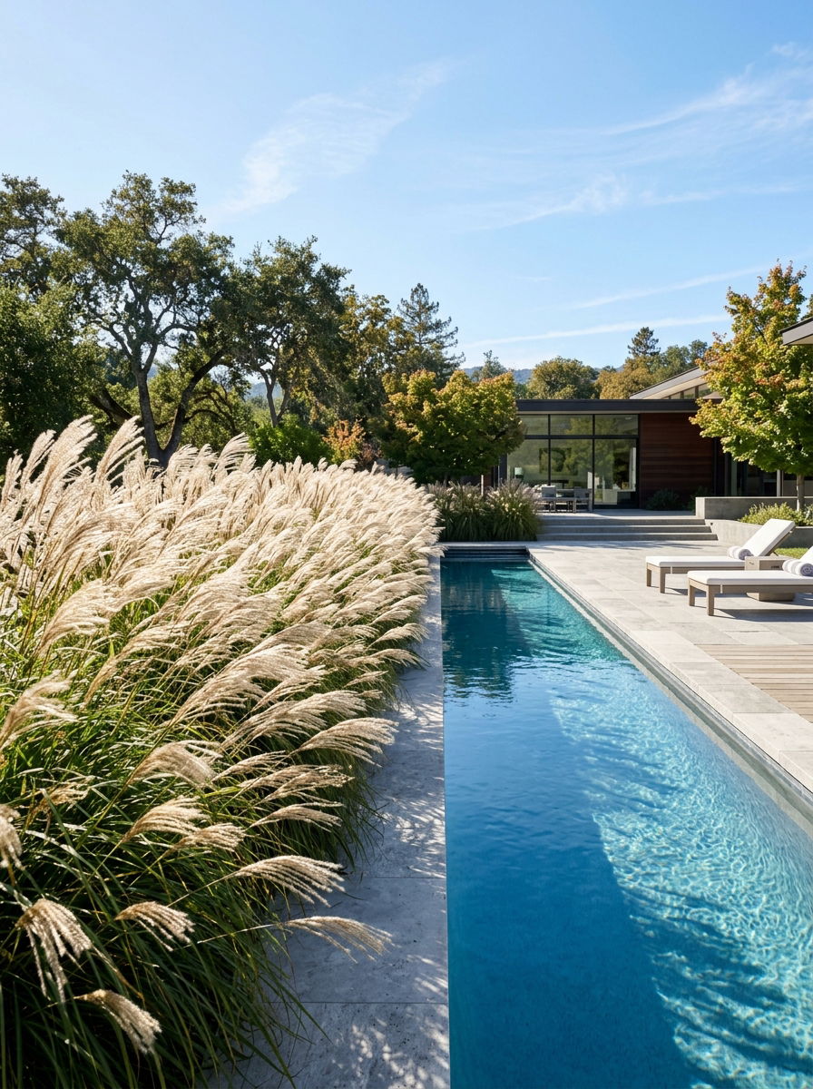Ornamental Grass Pool Border - 30 pool privacy hedge ideas
