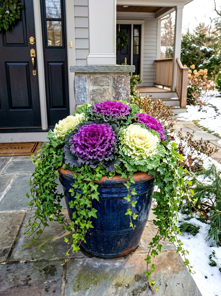 Ornamental Kale Winter Pot - 30 winter porch planter ideas