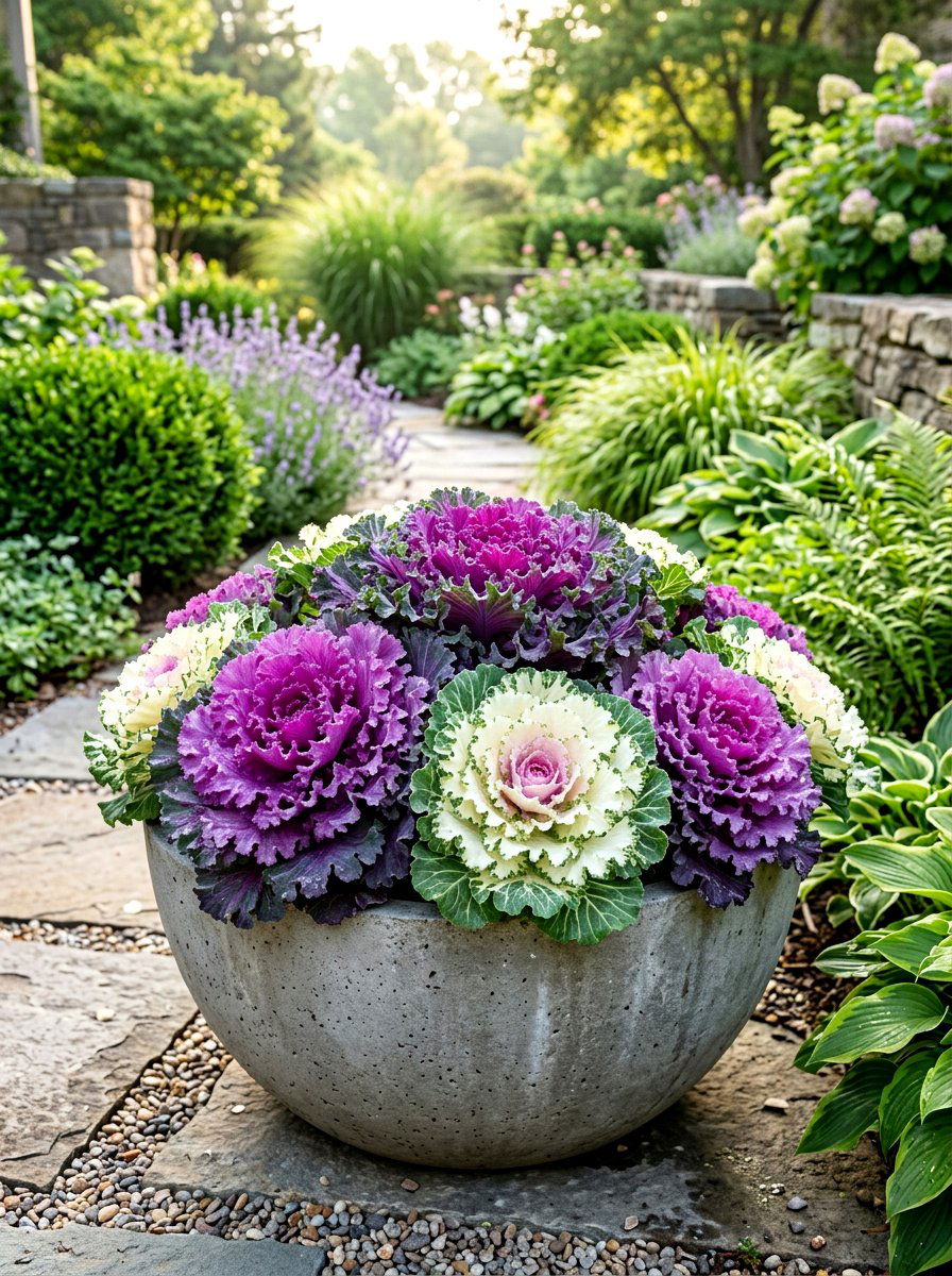 Ornamental cabbage and kale arrangement - 30 autumn planter ideas