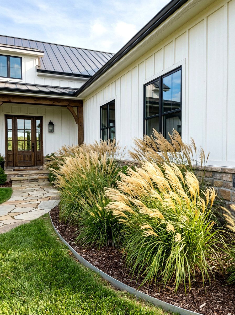 Ornamental grass along house wall - 30 foundation landscaping ideas