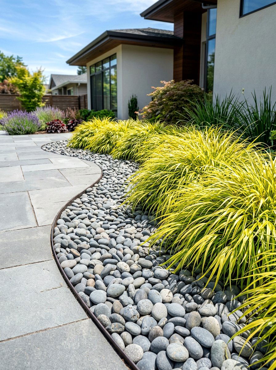 Ornamental grass and stone bed - 30 flower bed around tree ideas