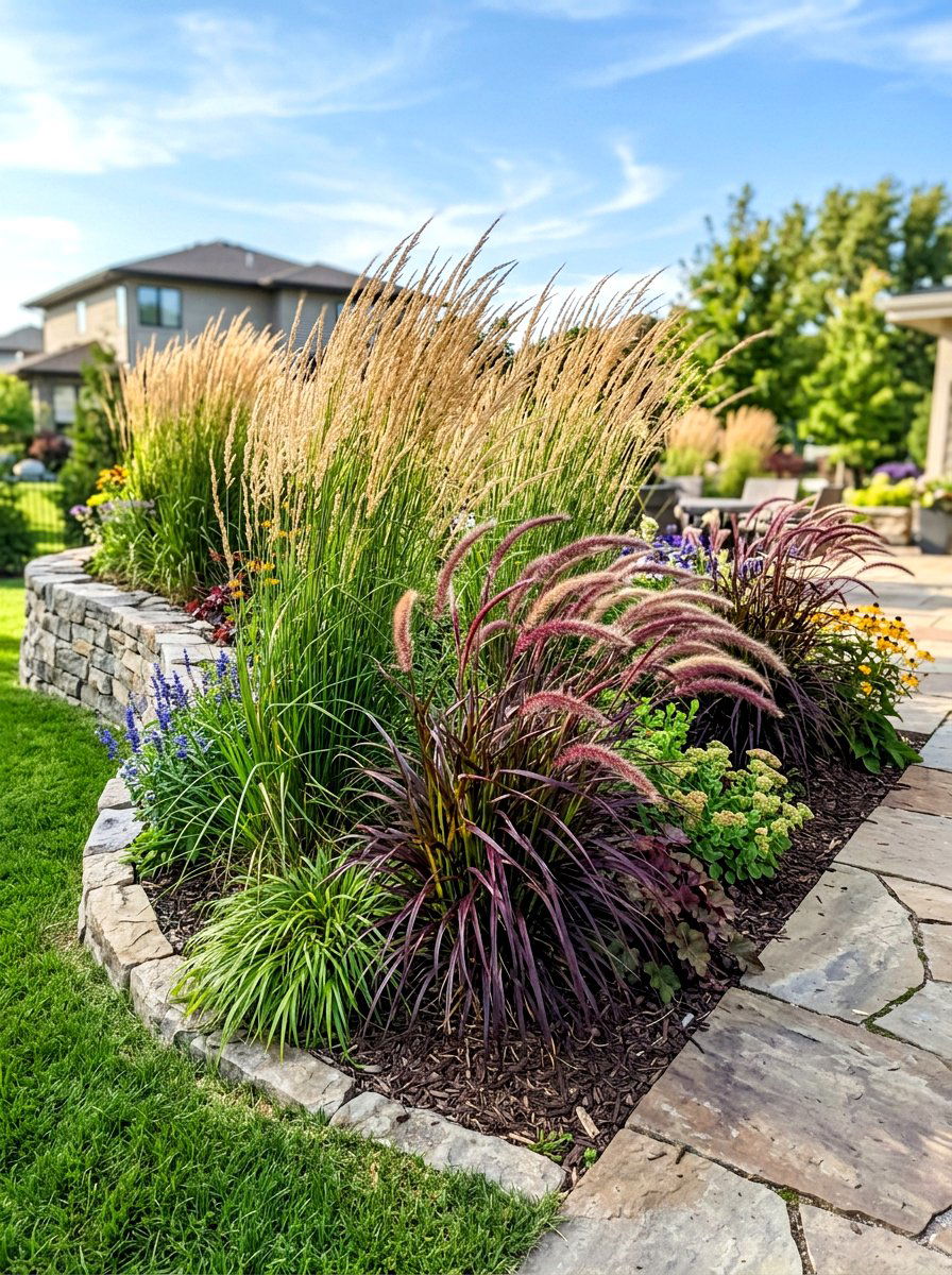 Ornamental grass corner bed - 30 corner flower bed ideas